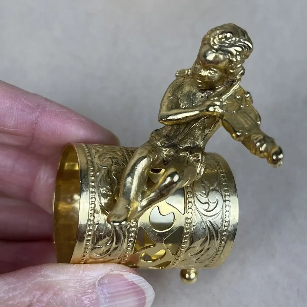 VTG 8pc Gold Tone Metal Angel Playing Violin Filigree Napkin‎ Ring Holder Signed